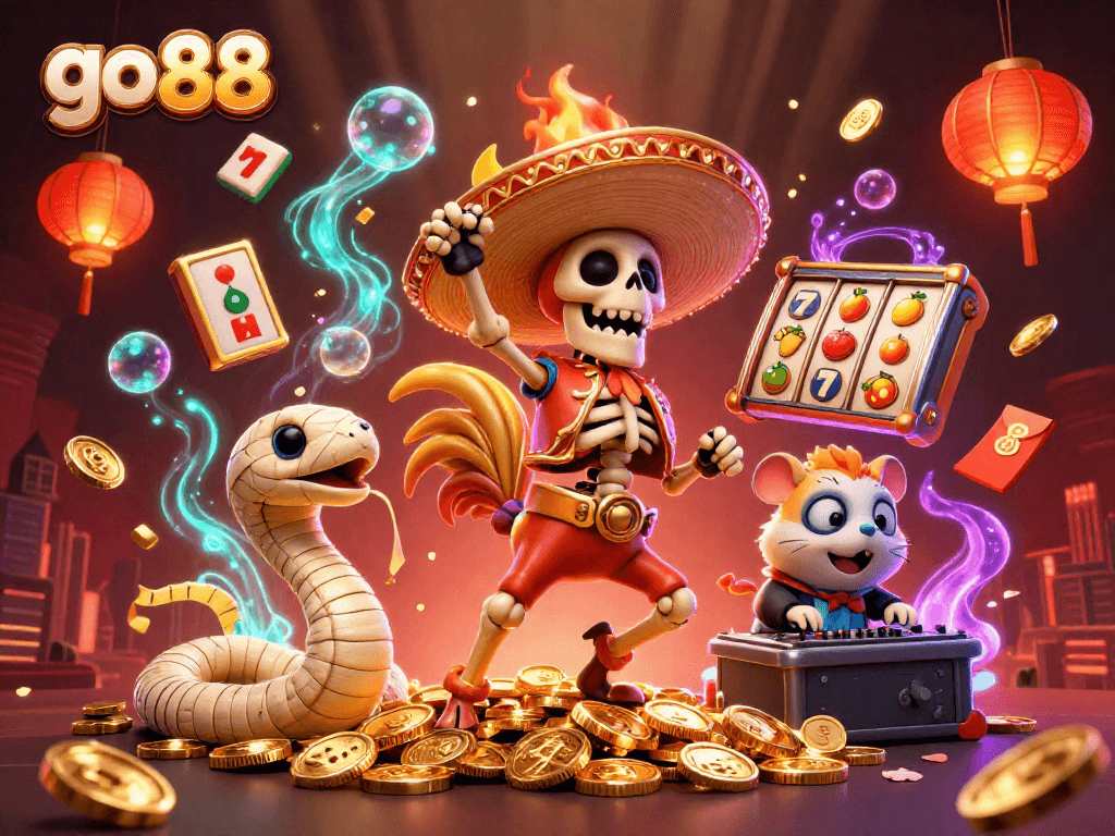 Go 88 celebrates wins with vibrant casino scene, showcasing dancing characters in rich illustrations.