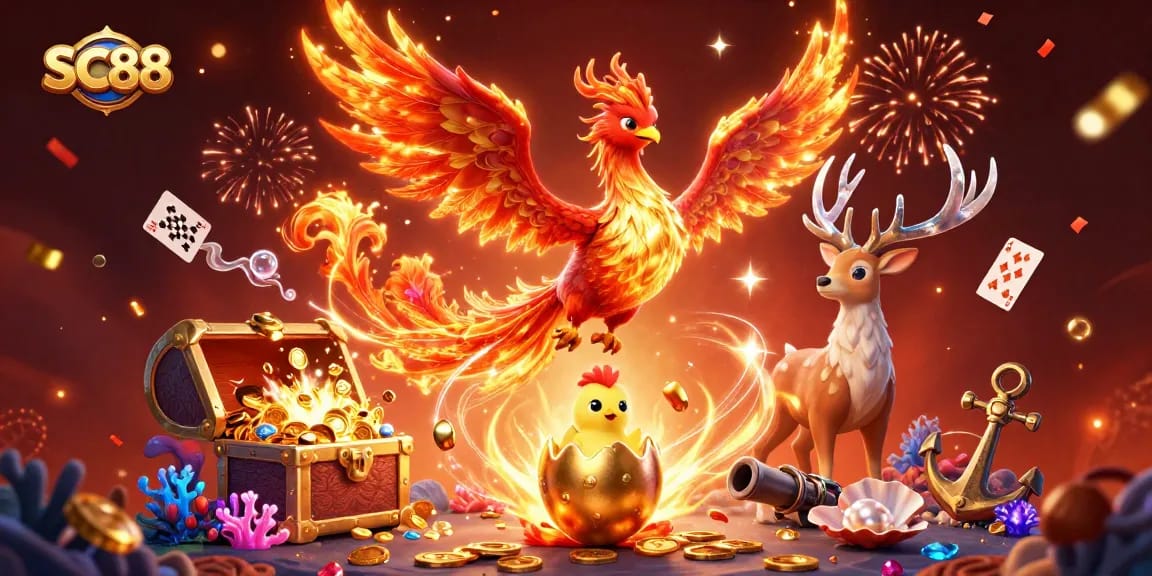 SC88 offers thrilling casino adventures with a fiery phoenix and mystical stag in a vibrant 3D illustration.