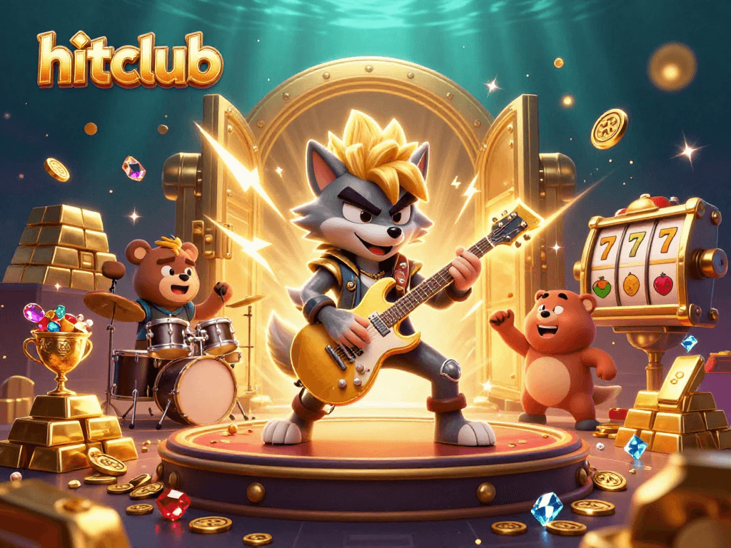 Hitclub fortune awaits as the rock star wolf and drummer bear jam amid gold and gems.