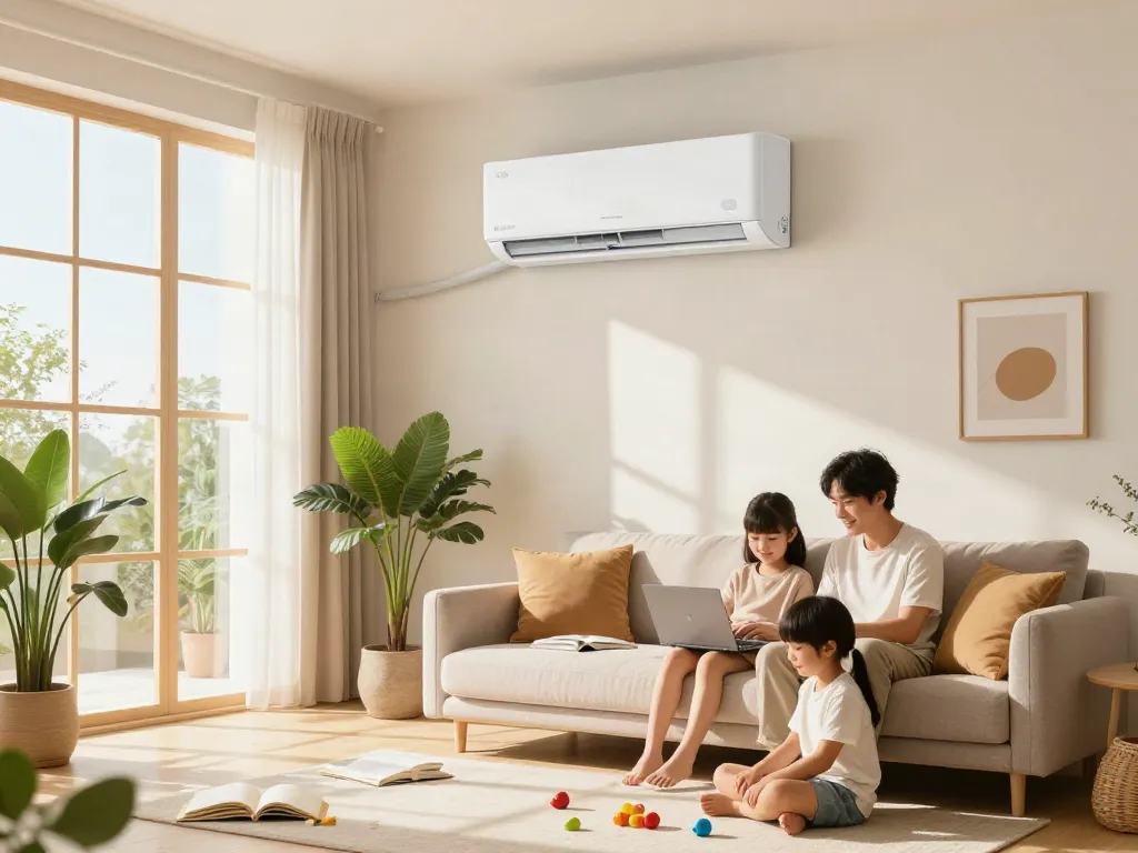 Comfortable living room with a mini split air conditioner providing efficient cooling for family activities.