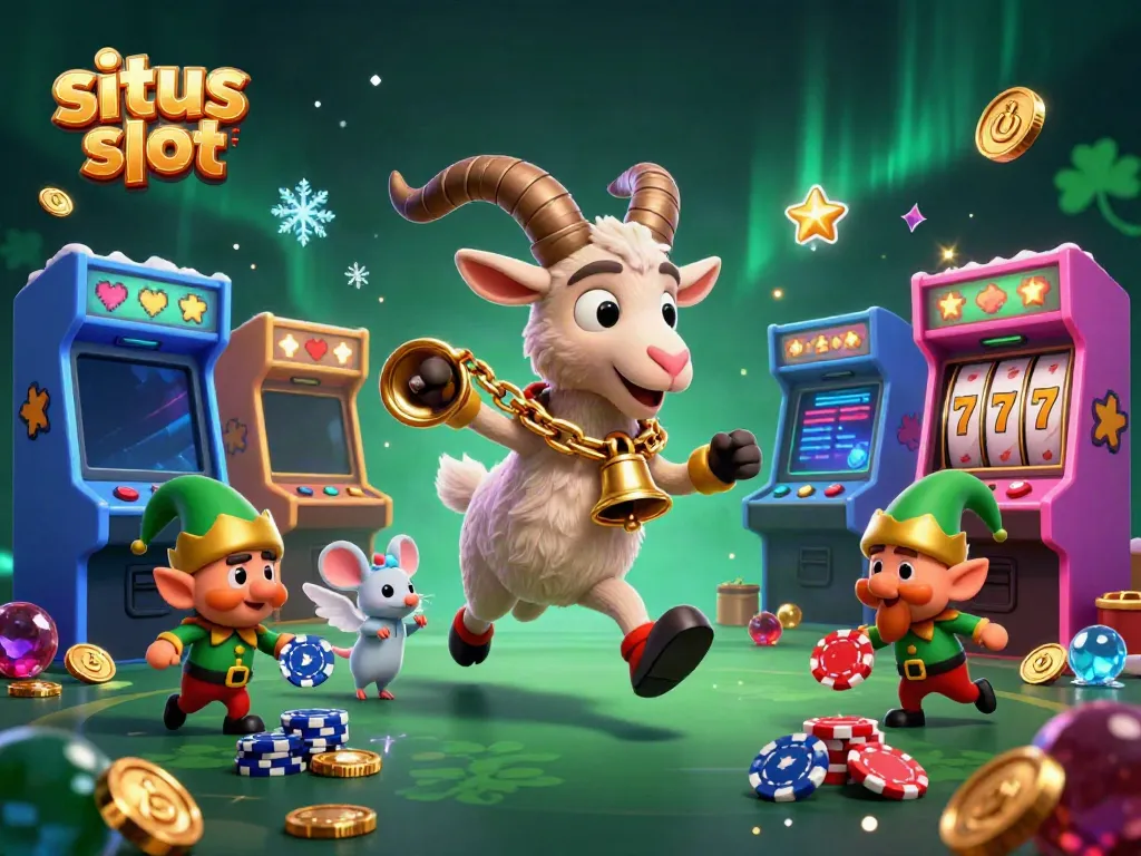 Experience the thrill at situs slot with a festive casino scene featuring playful characters and vibrant game elements.