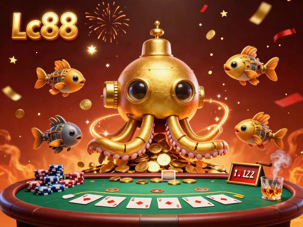 Experience gaming with Lc88 through a vibrant casino-themed scene featuring poker elements.
