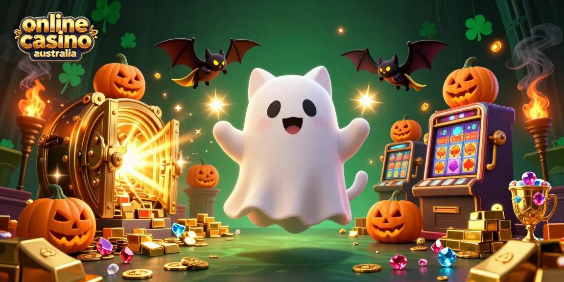 Explore the enchanted online casino australia scene with a ghost cat and a vampire bat amidst glowing treasures.