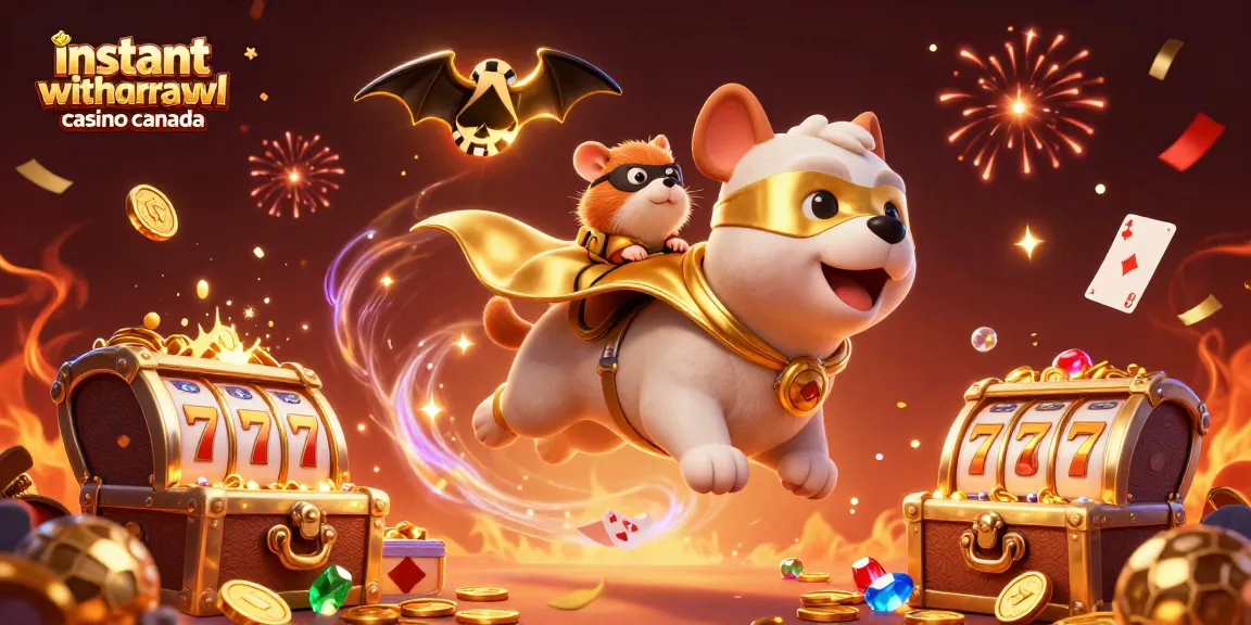 Engage with instant withdrawal casino Canada, featuring a superhero dog flying with gold coins against vibrant casino elements.