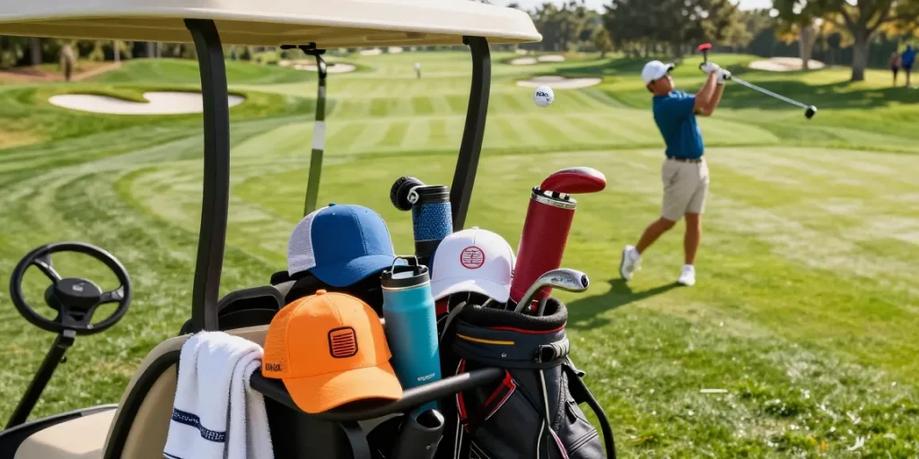 Branded golf balls soaring through the air on a sunny golf course with vibrant accessories.